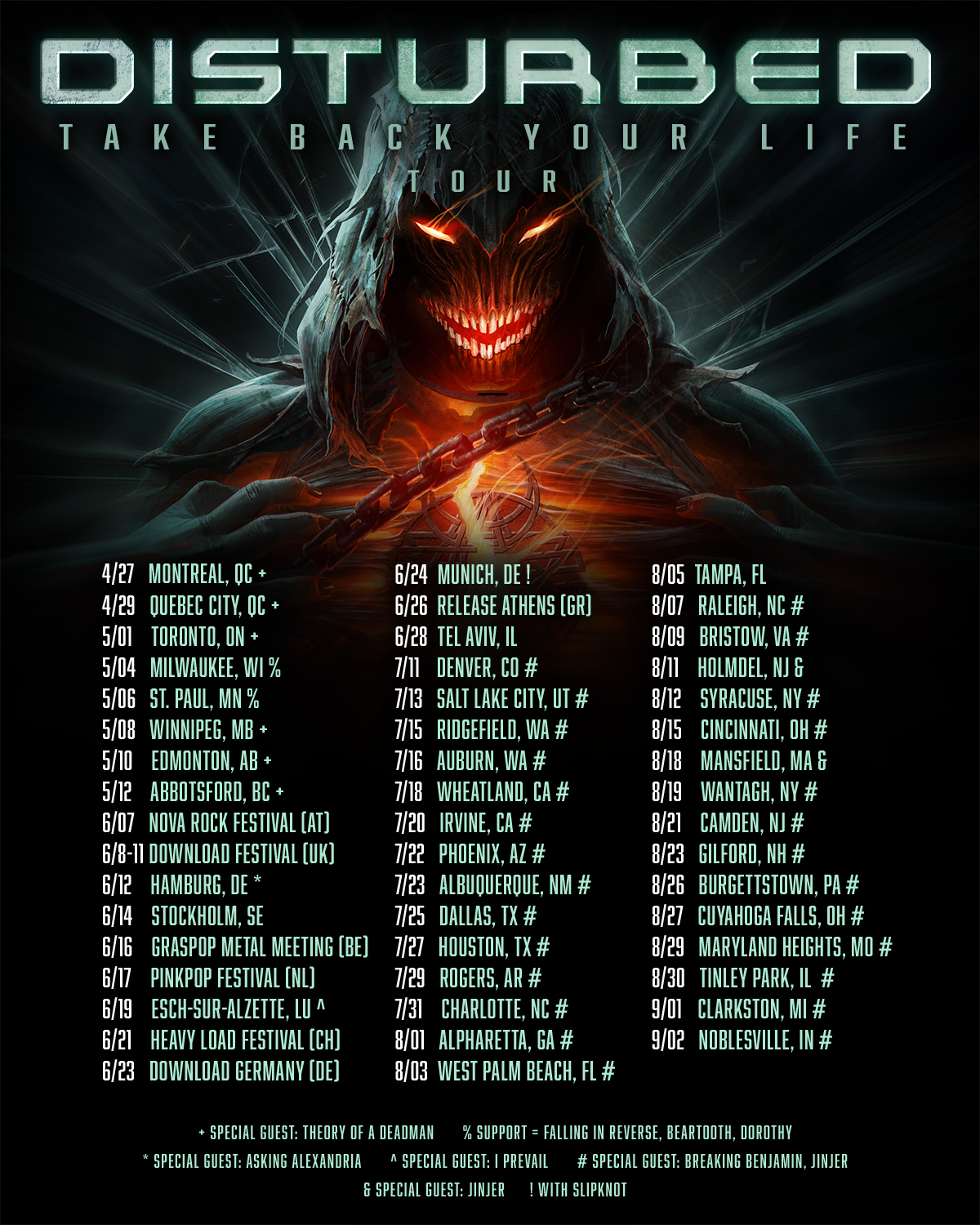 Disturbed's Take Back Your Life World Tour flyer with all dates