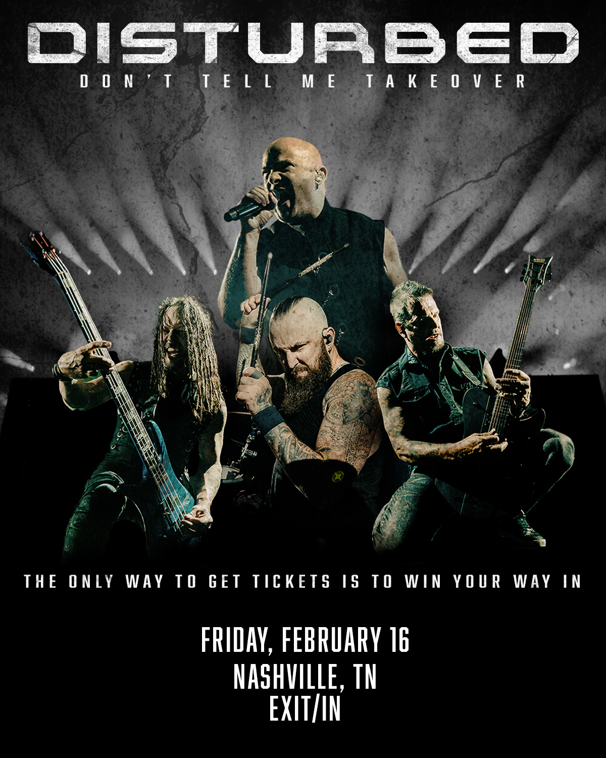 Disturbed flyaway contest poster for two nights in Nashville February 2024